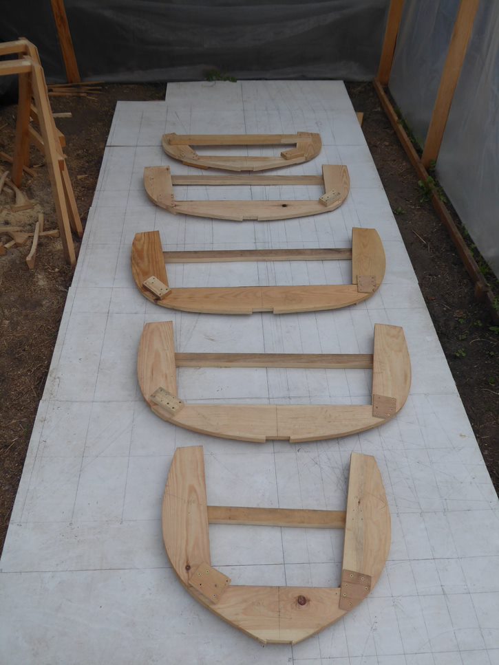 Completed station moulds for a boat 