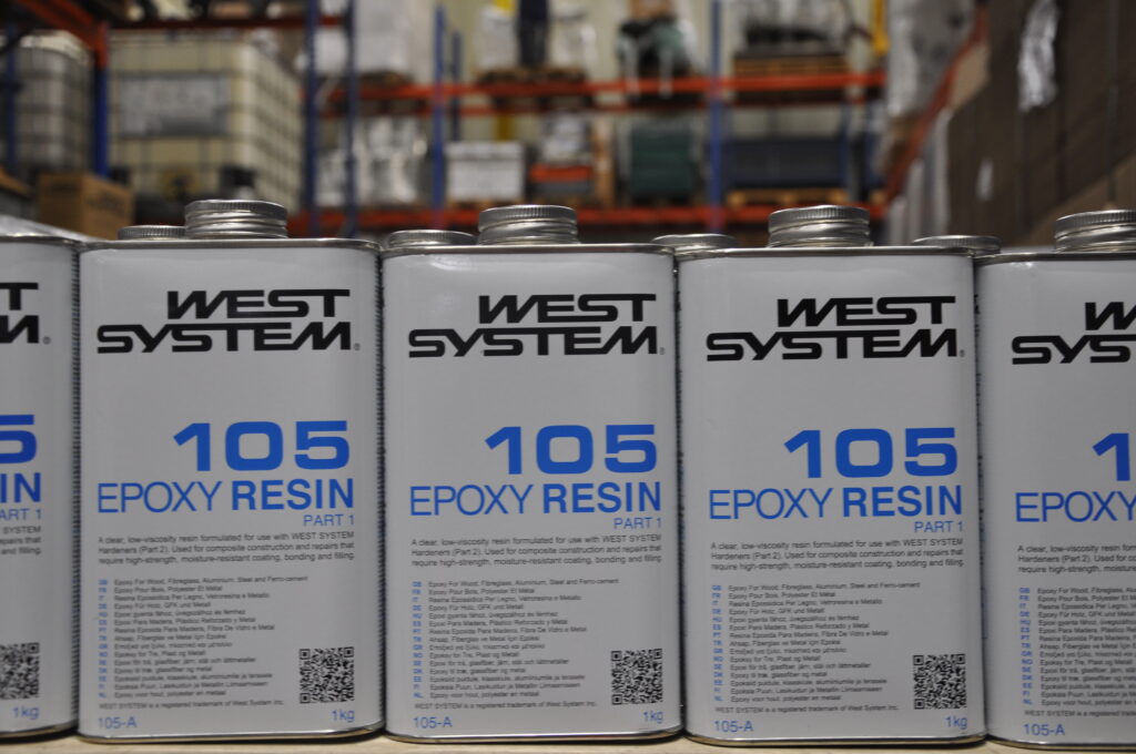 west system 105 epoxy resin in warehouse.