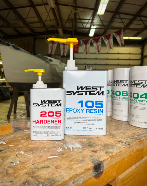 west system epoxy products in a workshop 